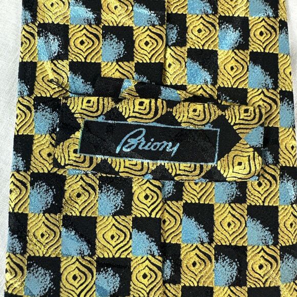 BRIONI Extra Long Suit Tie Silk Blue Black Gold Based Woven Handmade In Italy - Picture 14 of 16
